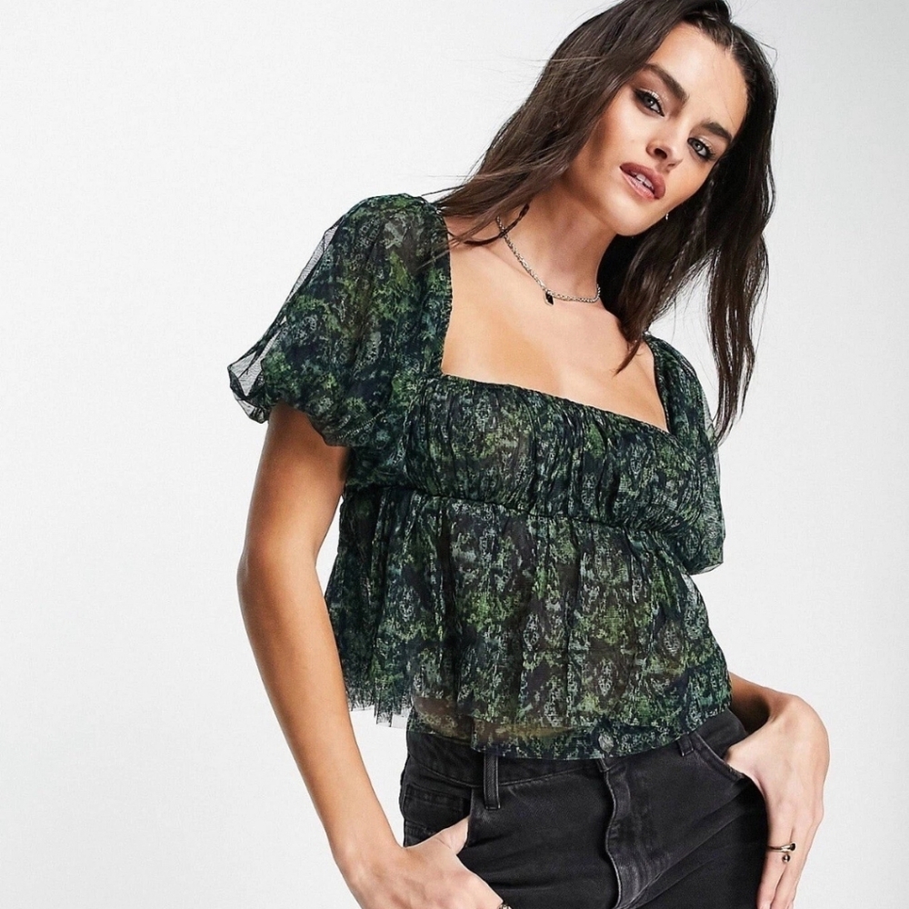 Free People Penelope Blouse Top Mesh Ruffle Babydoll Deep Green Blue Womens S